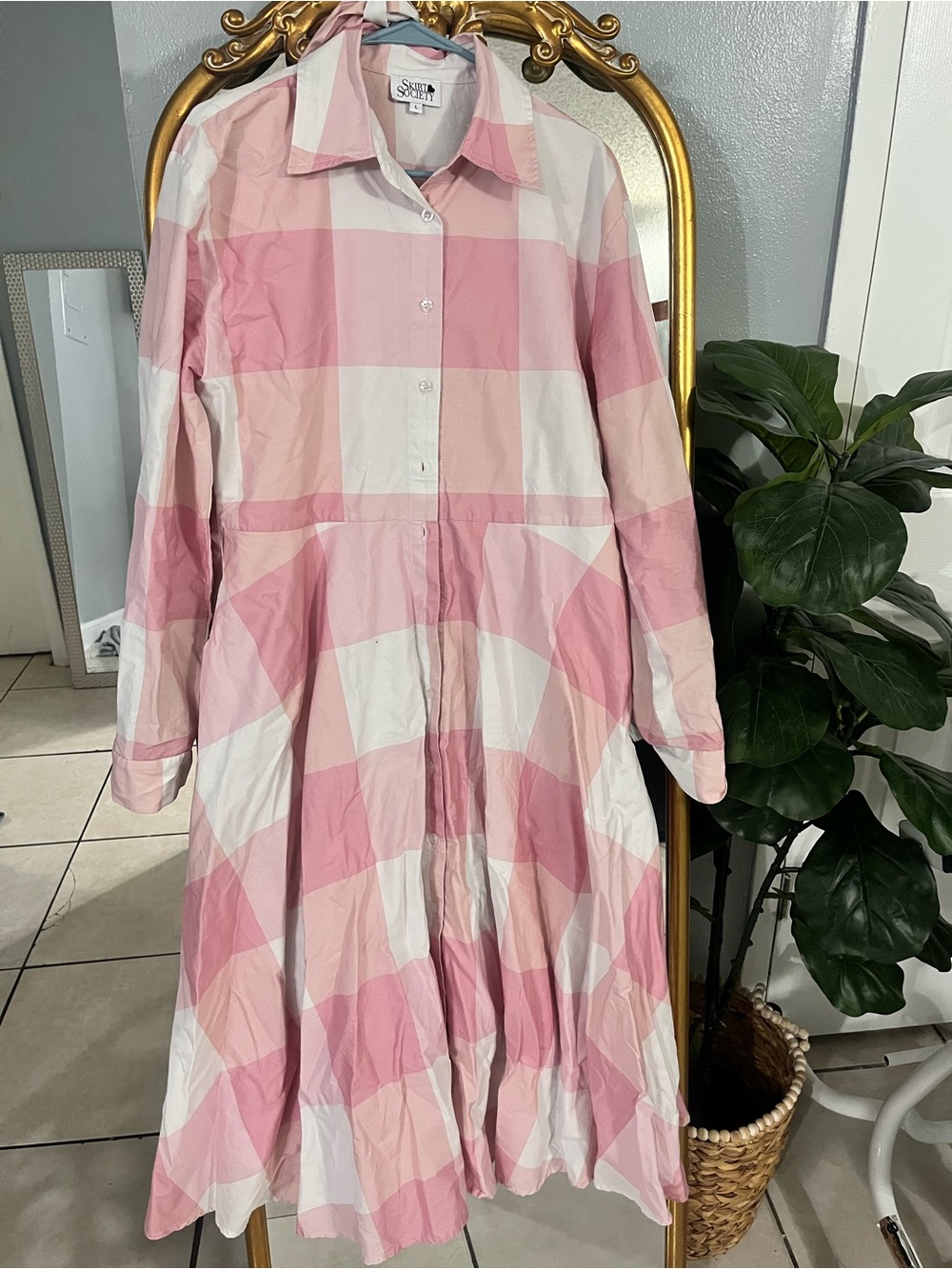 Society Pink and Cream Checked Button-Front Midi Shirt Dress